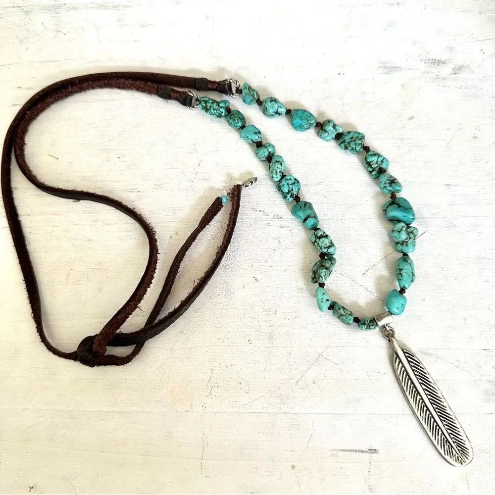 Lucky Brand faux turquoise brown leather cord leaf necklace